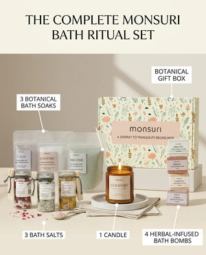 The complete Monsuri bath ritual set labelled piece by piece - 3 botanical bath soaks, 3 bath salts, 1 candle, 4 herbal-infused bath bombs and the botanical gift box