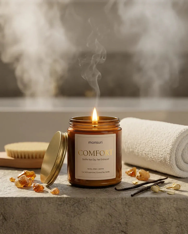 A lit Monsuri COMFORT vanilla amber candle releasing a visible curl of scented steam in a steamy spa-style bathroom, beside a rolled towel and vanilla pods.