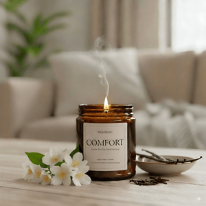 Monsuri Comfort Candle on living room table with soft vanilla jasmine aromatherapy glow for cozy home relaxation