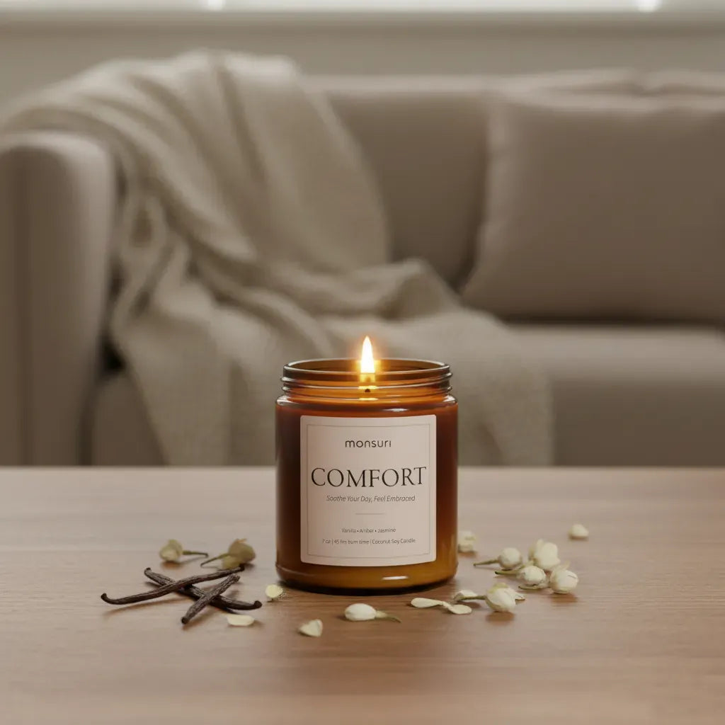 Monsuri Comfort vanilla jasmine candle styled for self care gifts for women and relaxing home rituals
