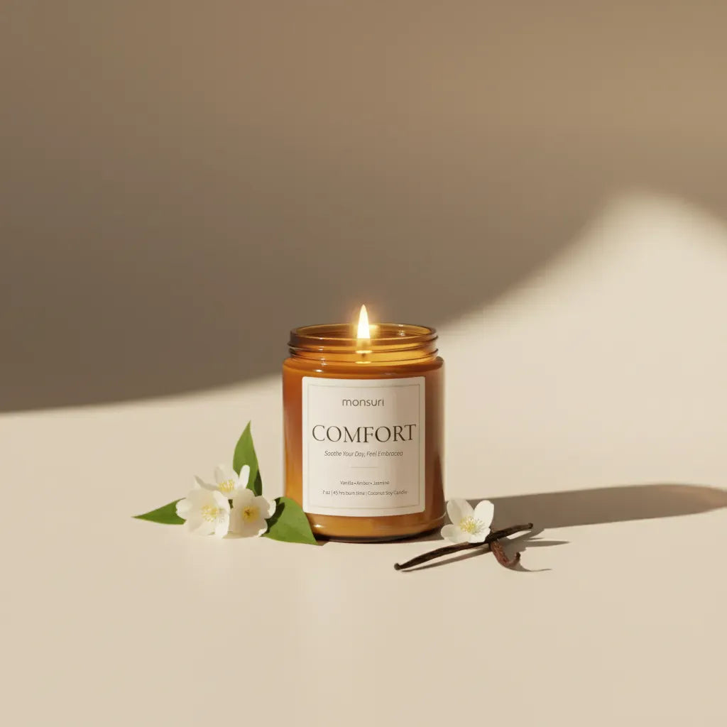 Vanilla jasmine soy candle in amber jar beside flowers and spices creating cozy comfort ambience