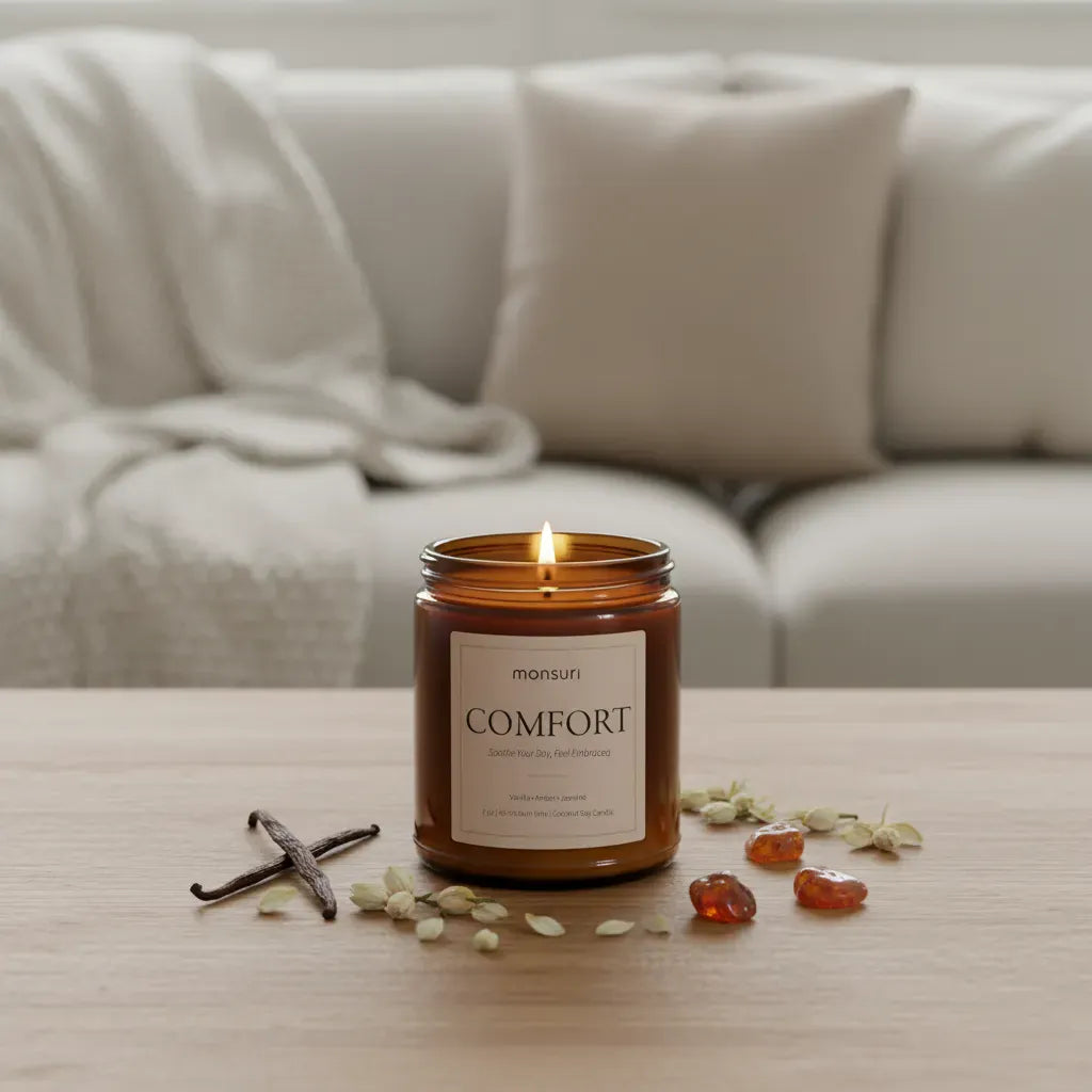 Amber glass Comfort Candle with warm vanilla and jasmine notes styled on sofa-side table for calming home décor