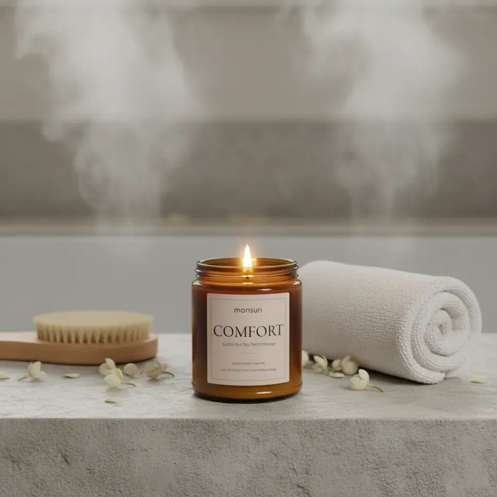 Comfort scented candle with steam rising in spa bathroom scene for soothing self care and relaxation