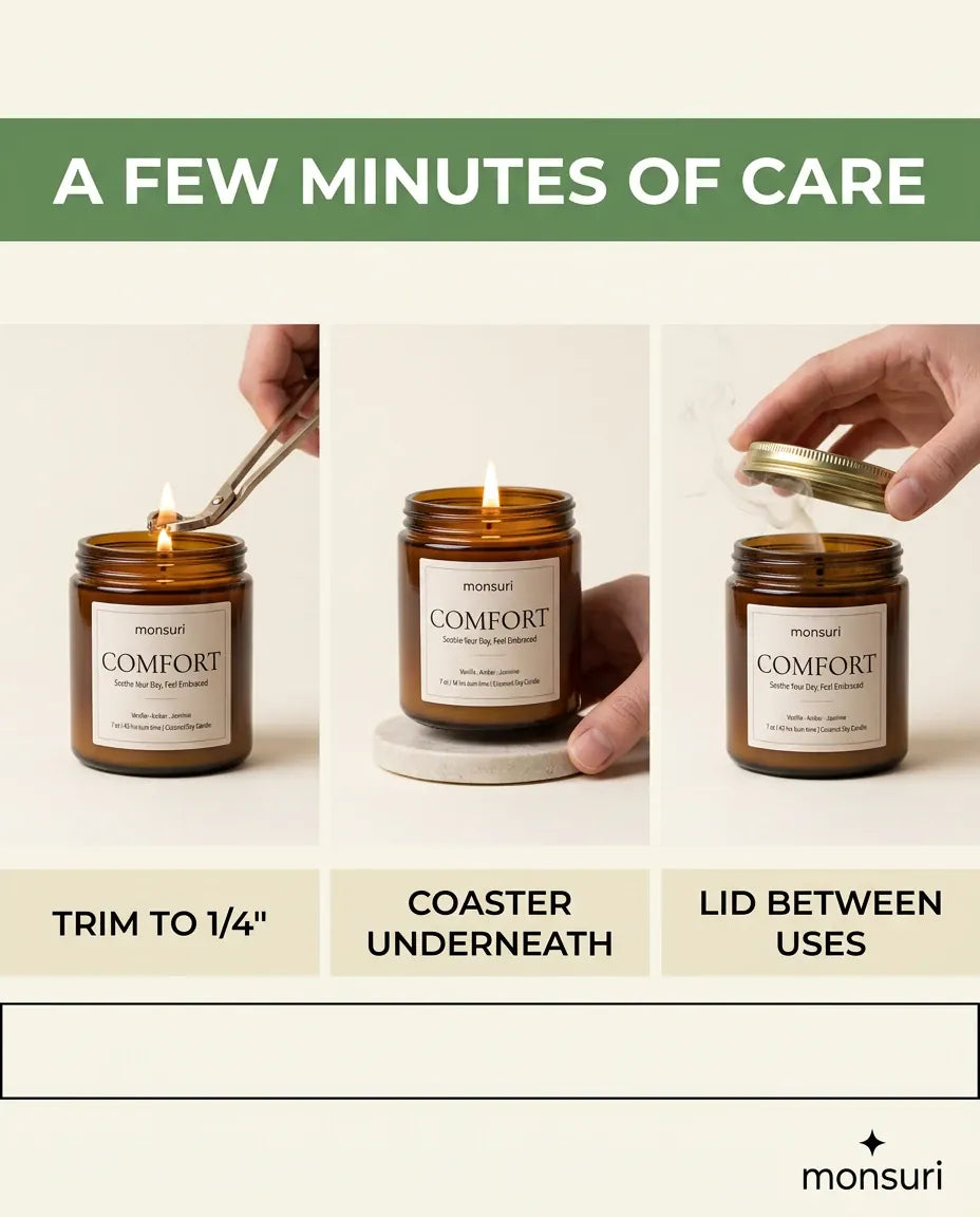 Infographic reading 'A Few Minutes of Care' showing hands trimming the wick to 1/4 inch, setting the Monsuri COMFORT candle on a coaster, and replacing the lid between uses.