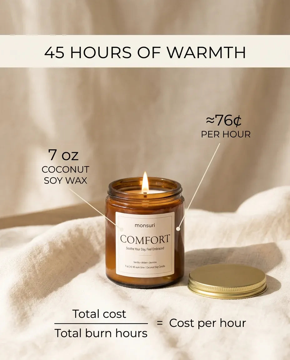 Infographic reading '45 Hours of Warmth' breaking down the Monsuri COMFORT candle's 7 oz coconut-soy wax fill into an approximate 76 cents per hour of burn.