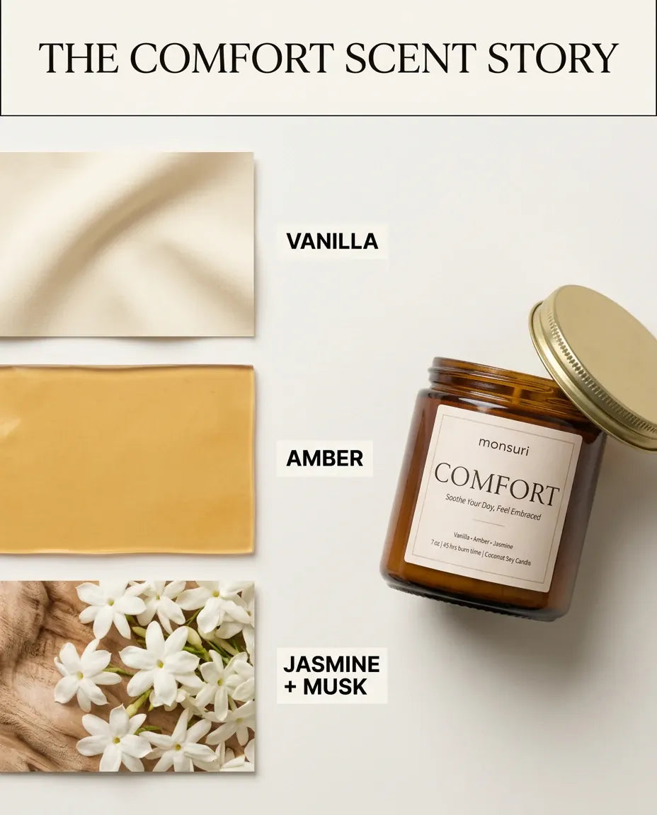 The Comfort Scent Story infographic pairing cream vanilla and golden amber fabric swatches with jasmine blossoms next to the Monsuri COMFORT candle jar.