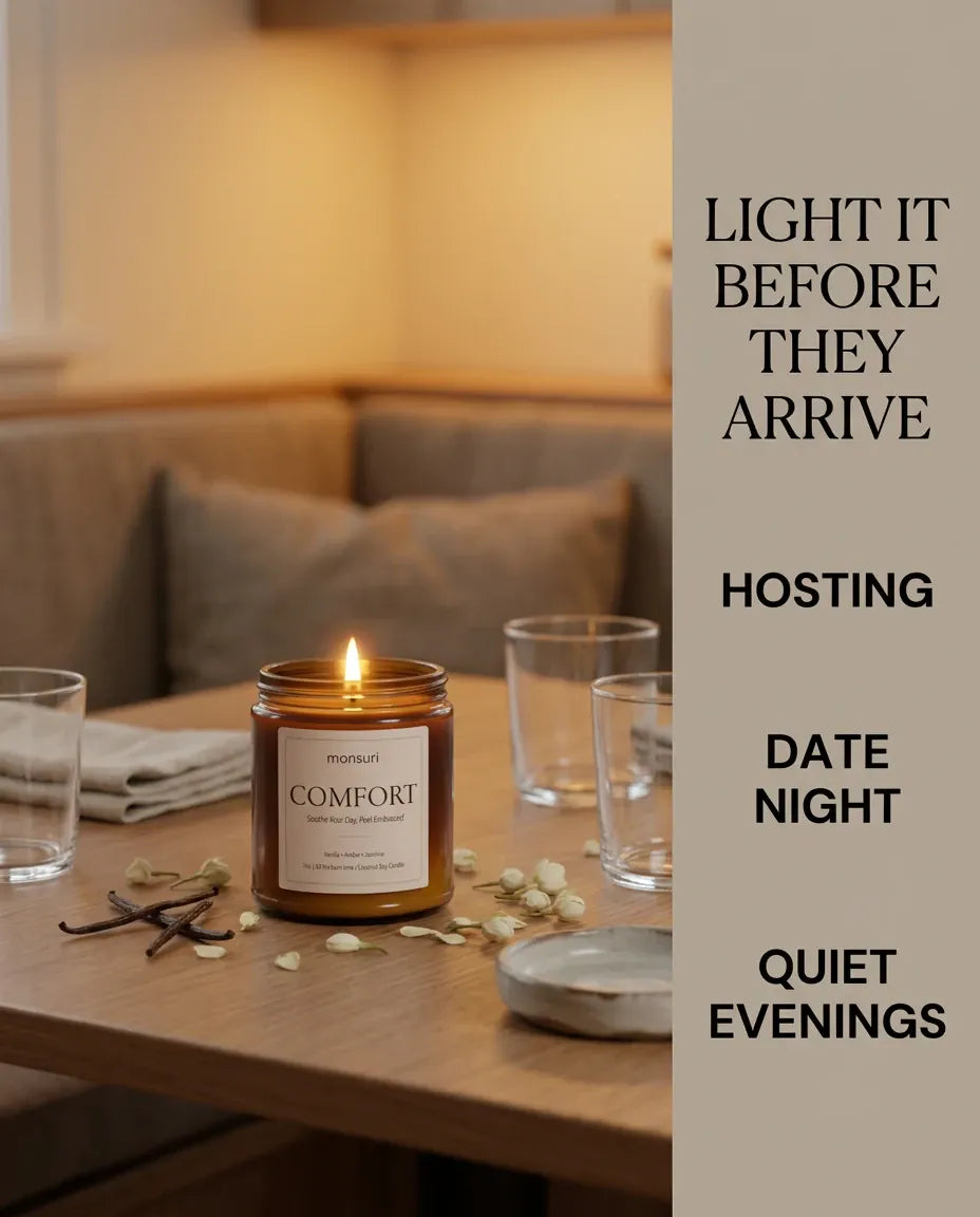Infographic reading 'Light It Before They Arrive' showing a lit Monsuri COMFORT candle on a set dining table, listing hosting, date night, and quiet evenings.