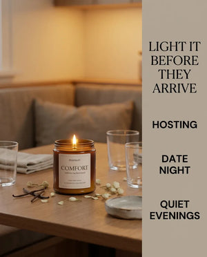 Infographic reading 'Light It Before They Arrive' showing a lit Monsuri COMFORT candle on a set dining table, listing hosting, date night, and quiet evenings.
