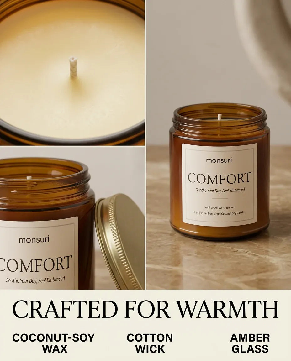 Monsuri COMFORT candle infographic 'Crafted for Warmth' showing a wax-pool close-up and the open jar, with coconut-soy wax, cotton wick, and amber glass callouts.
