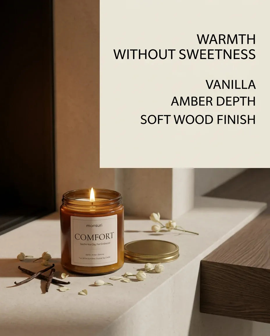 Infographic reading 'Warmth Without Sweetness' next to a lit Monsuri COMFORT candle, listing vanilla, amber depth, and soft wood finish.