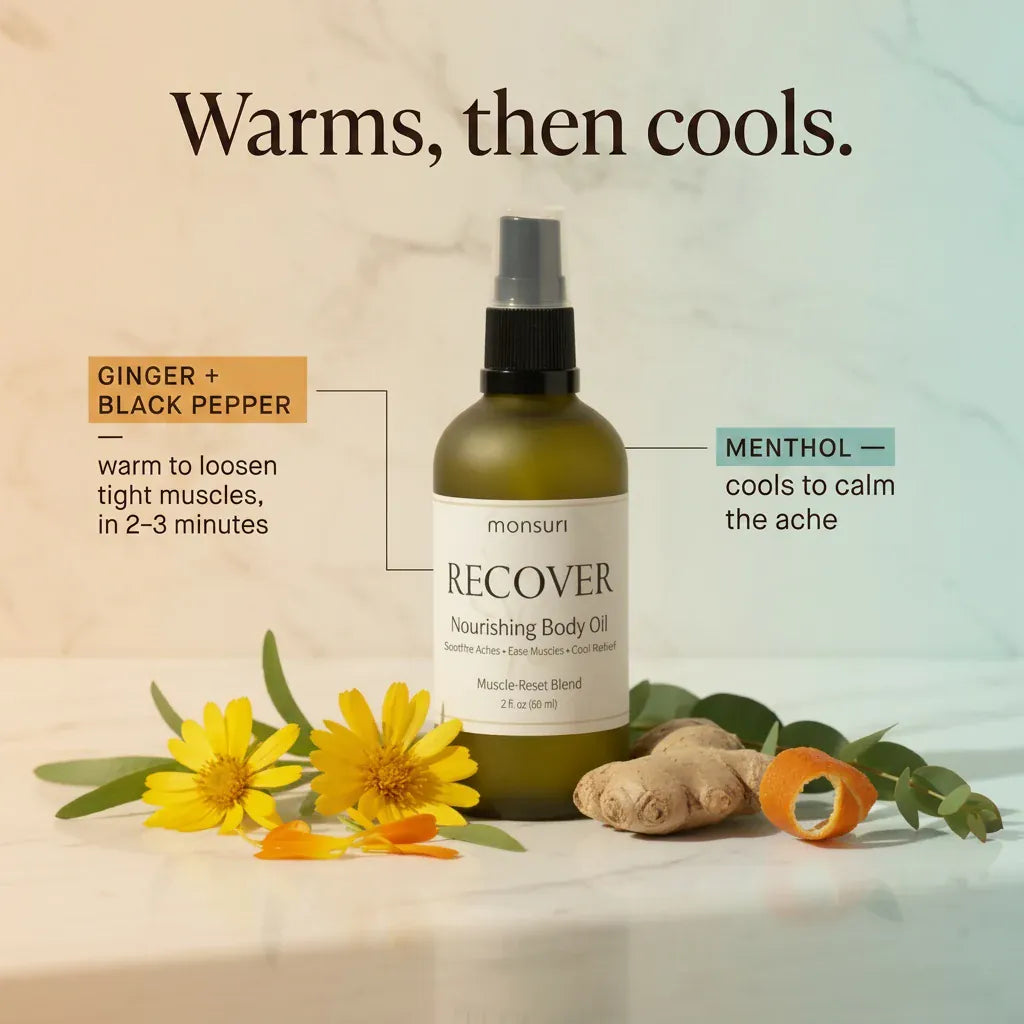 Organic arnica body oil ingredients — arnica, St. John's wort, comfrey, calendula and menthol in Monsuri RECOVER