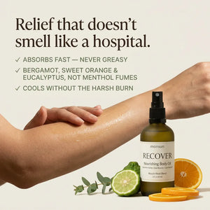 Non-greasy sore muscle massage oil absorbing into skin, scented with bergamot, sweet orange and eucalyptus — Monsuri RECOVER