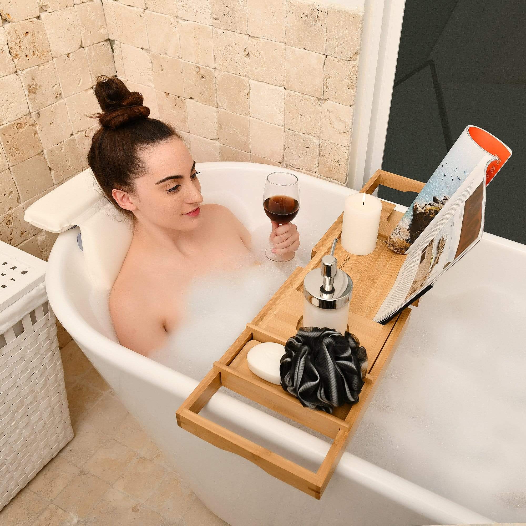 Monsuri Bath Caddy Tray for Tub: Bamboo Bathtub Tray Caddy Expandable with Wine Glass Holder and Book Stand. Luxury Bubble Bath Accessor