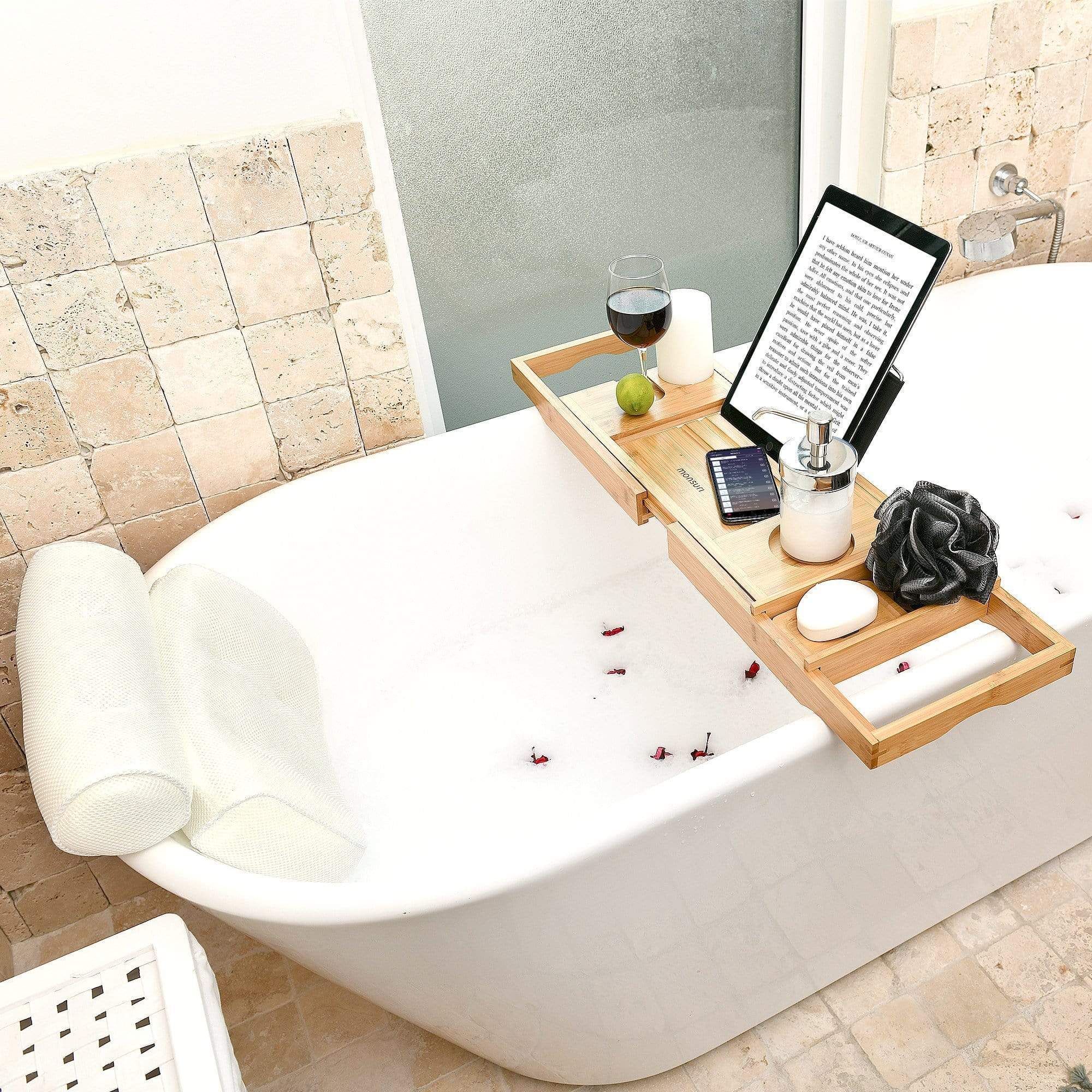 Monsuri Bath Caddy Tray for Tub: Bamboo Bathtub Tray Caddy Expandable with Wine Glass Holder and Book Stand. Luxury Bubble Bath Accessor