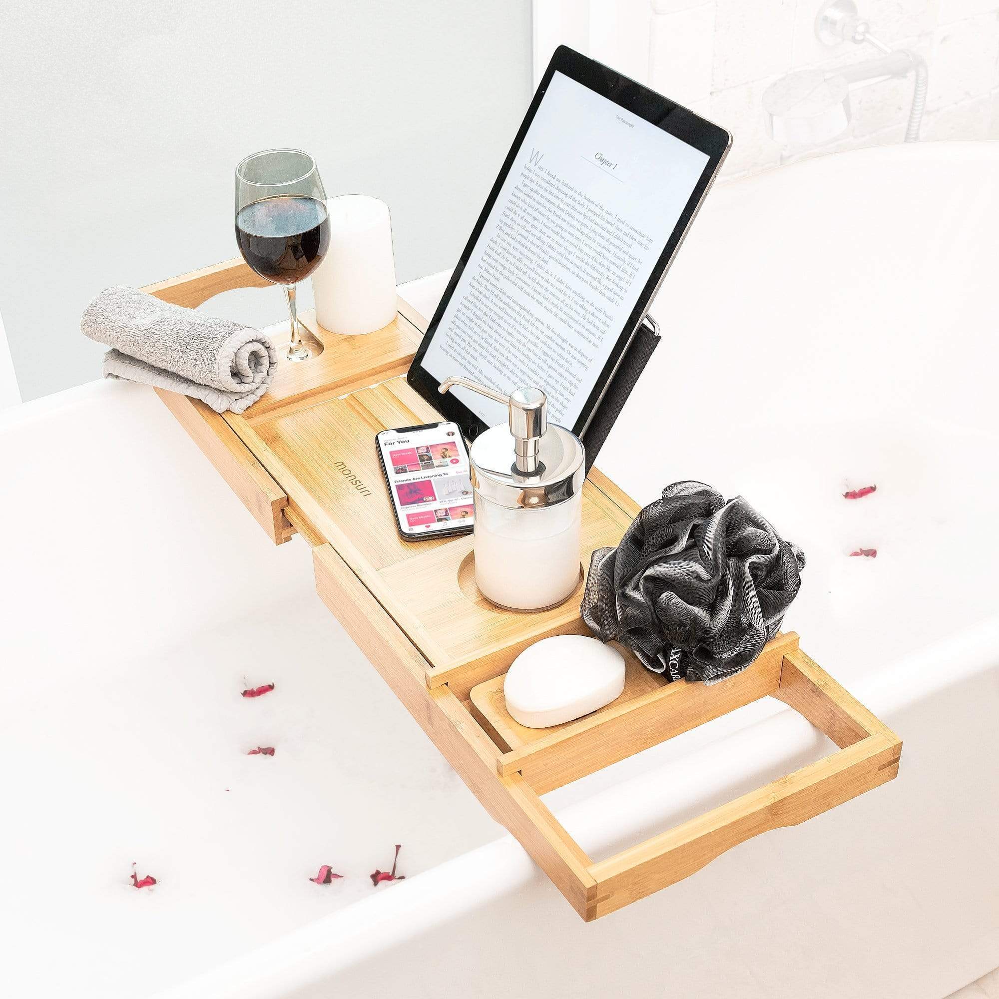 VIVOHOME Expandable 43 inch Bamboo Bathtub Caddy Tray in Natural with Holders, Soap Tray, Wine Glass Slot
