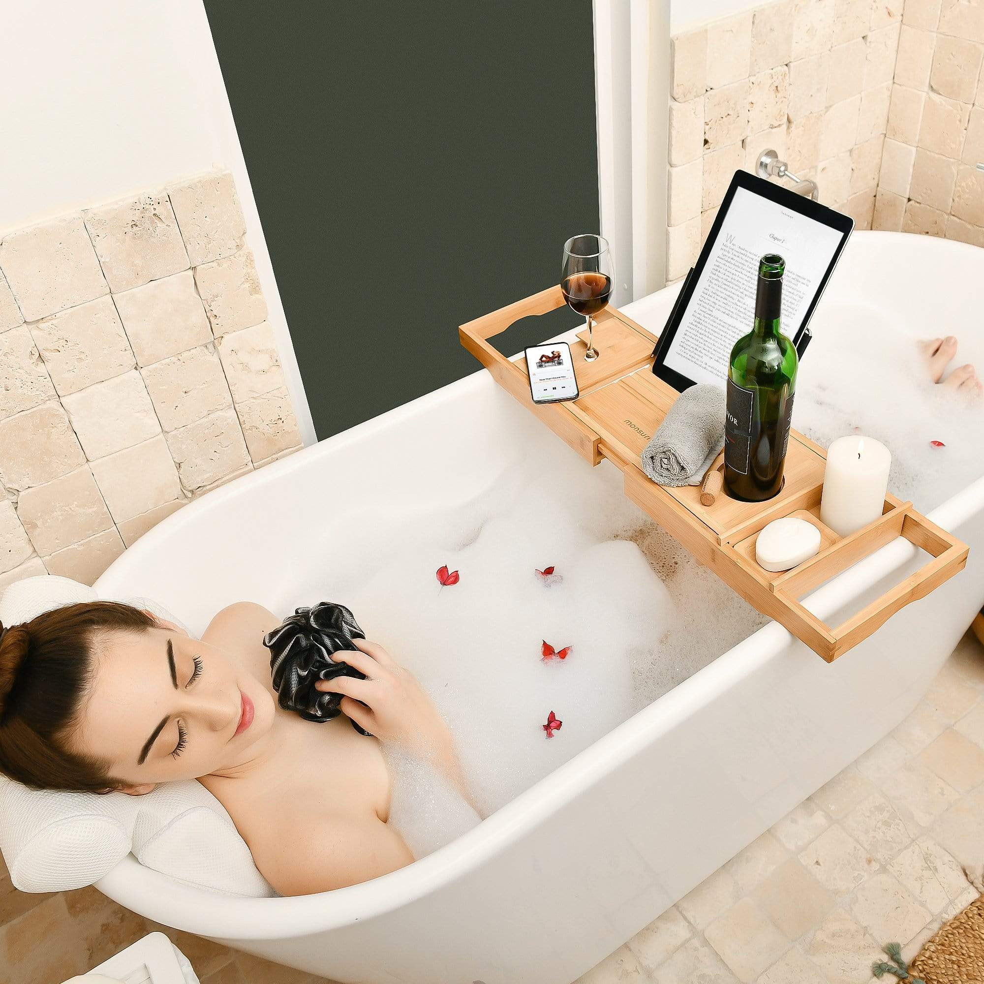 Monsuri Bath Caddy Tray for Tub: Bamboo Bathtub Tray Caddy Expandable with Wine Glass Holder and Book Stand. Luxury Bubble Bath Accessor