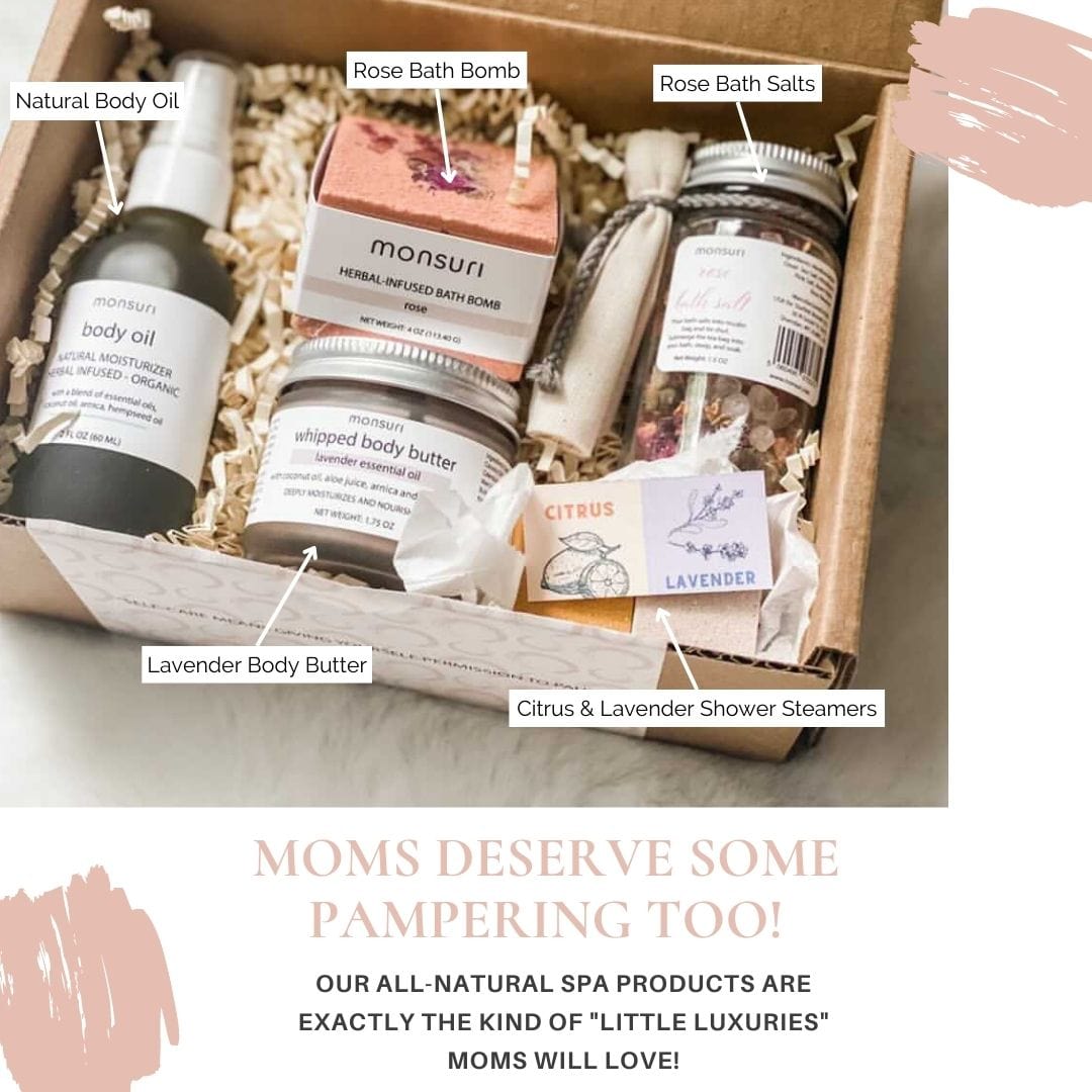 Monsuri Self Care Gift Basket for Mom: New Mommy Care Package Pampering Gift Set with Bath Accessories and Natural Skincare Products. Our Spa Day Kit