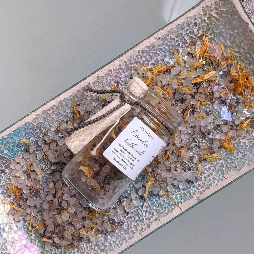 Handful of Monsuri Lavender Bath Salts for a Tranquil Bath Experience