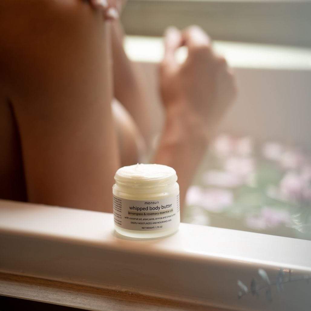 Invigorating Lemongrass Rosemary Body Butter from Monsuri's quality skincare line.