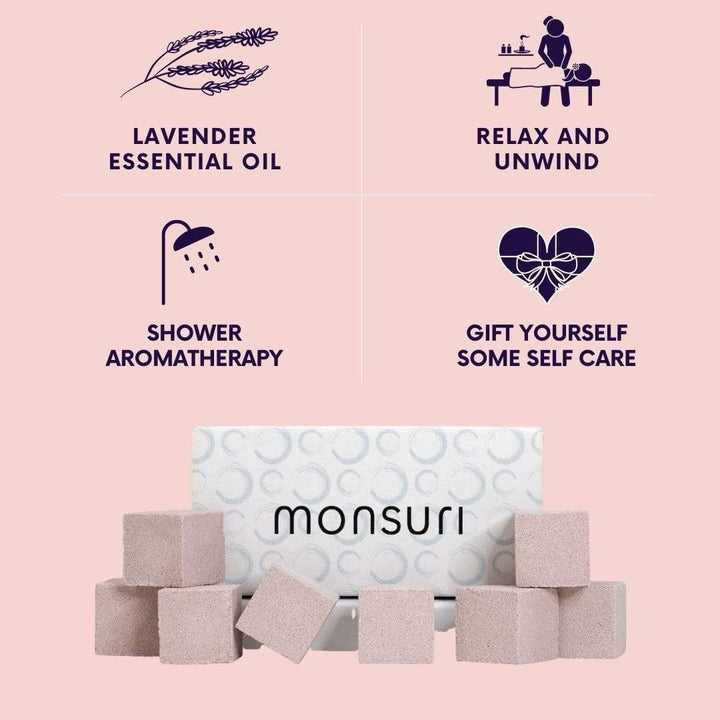 aromatherapy shower steamer with lavender essential oils. At home spa day kit for women