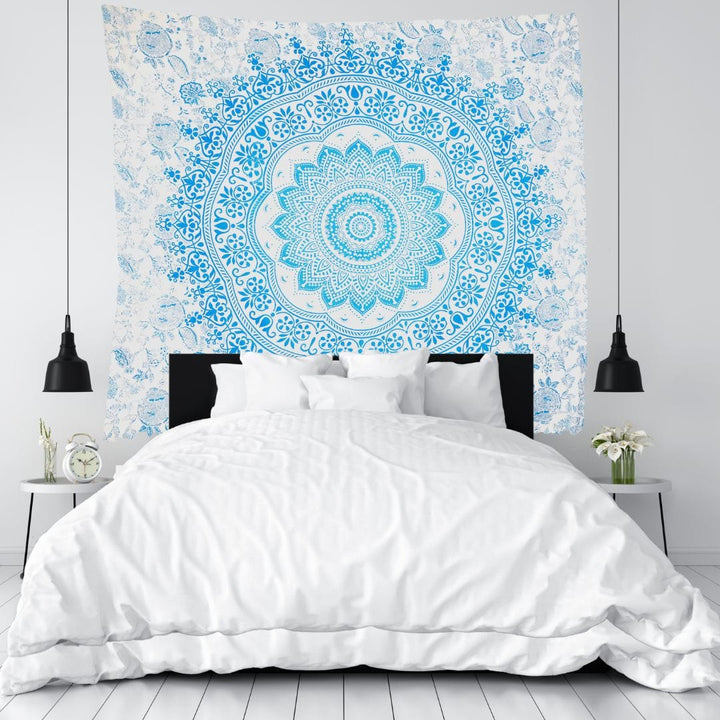 Close-up detail of the blue mandala tapestry's circular pattern