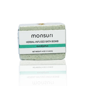 Monsuri's handcrafted Eucalyptus Bath Bomb ready to detoxify and clarify your skin.
