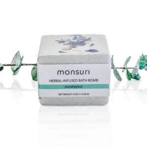 Eucalyptus Bath Bomb by Monsuri against a tranquil white background.