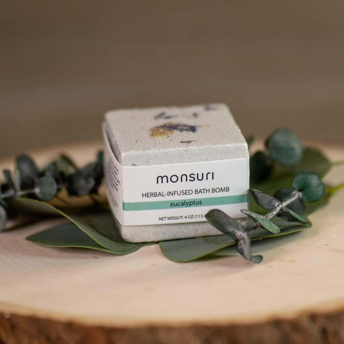 Close-up view of the natural Eucalyptus Bath Bomb by Monsuri.