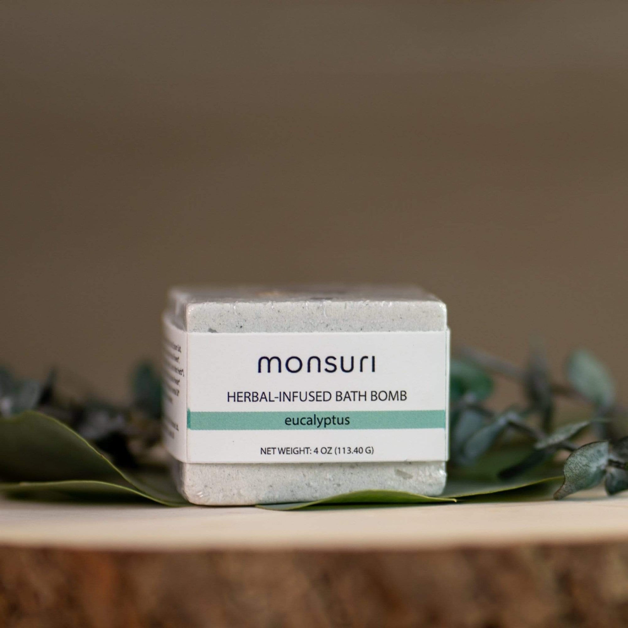 Revitalizing Eucalyptus Bath Bomb by Monsuri showcasing its natural ingredients.