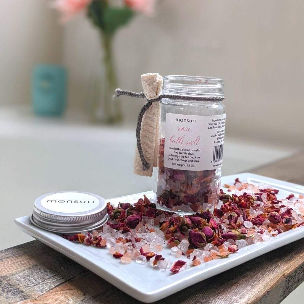 Natural Rose Petals and Buds in Monsuri Rose Bath Salts for a Floral Bath Experience