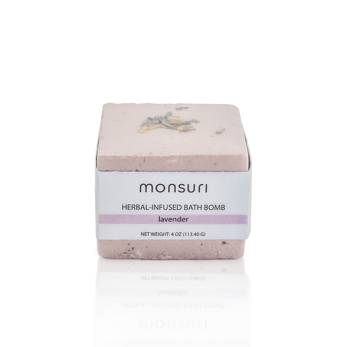 Monsuri's Lavender Bath Bomb showcasing purple lavender buds.
